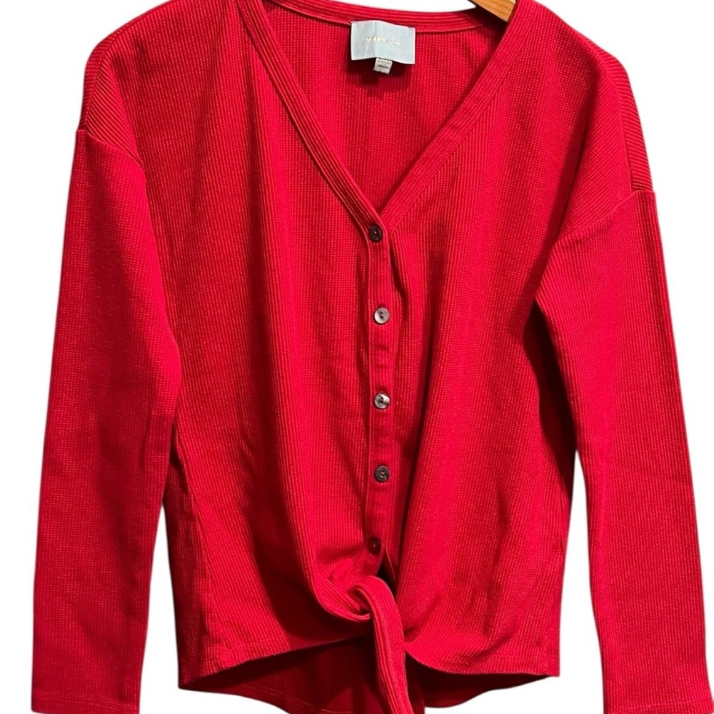 Skies Are Blue Vivid Red Button V-neck Front Tie Top